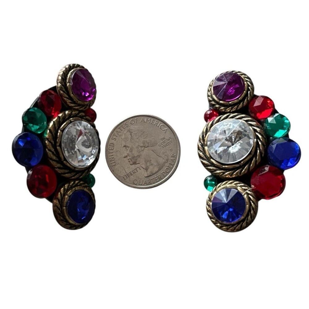 80s Mogul Gripoix Style Gold Tone Chunky Clip-On Earrings Rivioli Rhinestones - Picture 4 of 8
